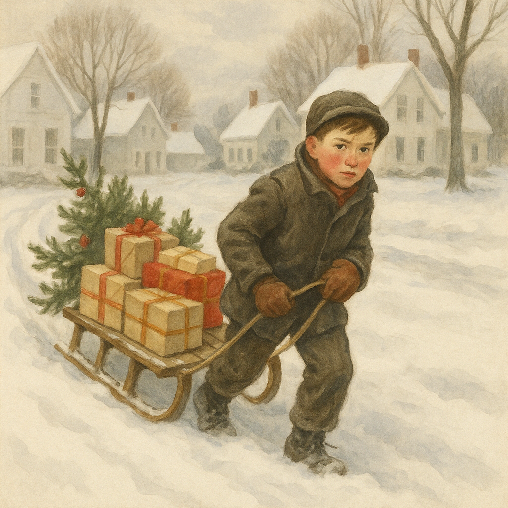 A boy drags a sled loaded with Christmas gifts and a tree through the snow, in "Where the Christmas Tree Grew."