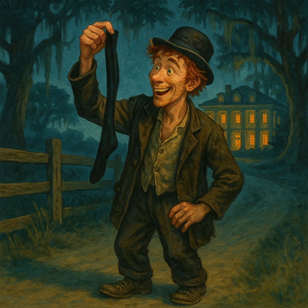 Whistling Dick grins as he holds up a black silk stocking on a moonlit road, the plantation house glowing behind him.
