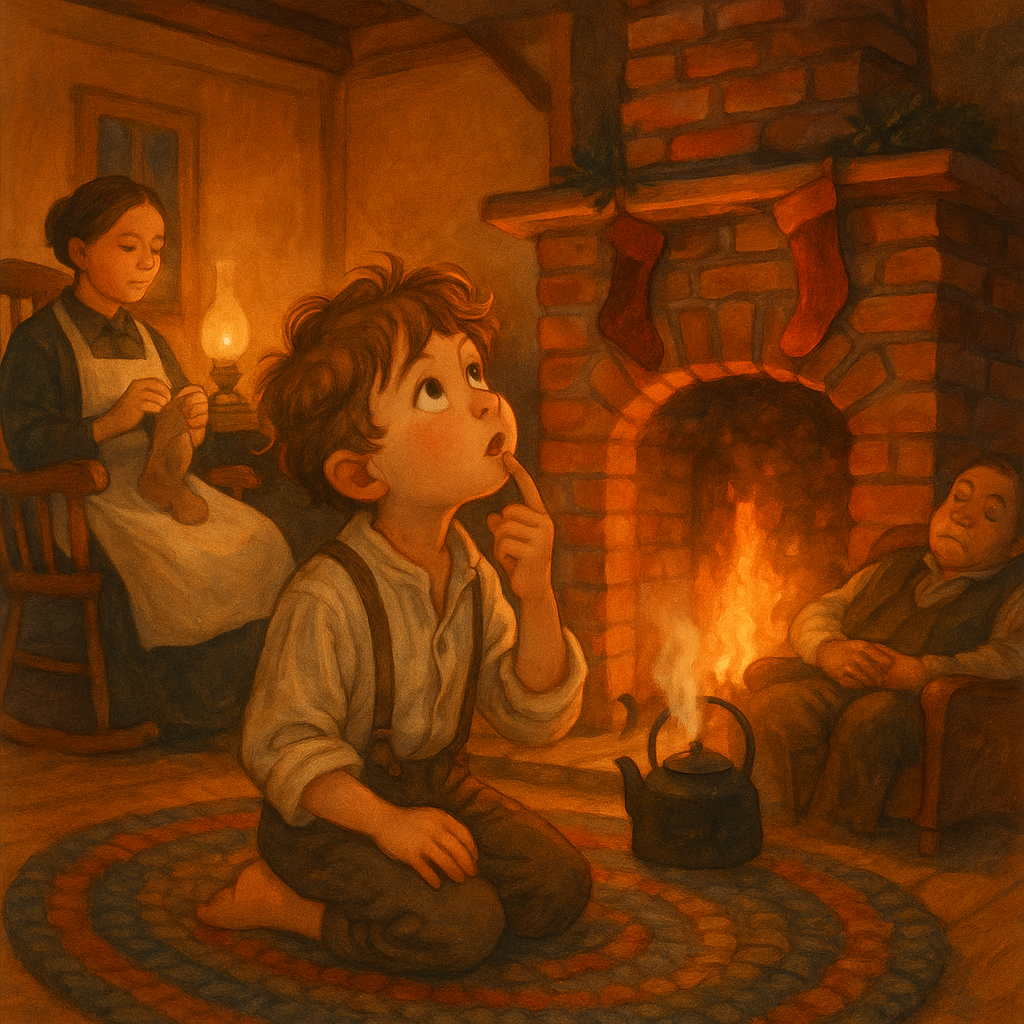 A young boy gazes up the chimney by firelight in a cozy farmhouse scene from "Who Santy-Claus Wuz."