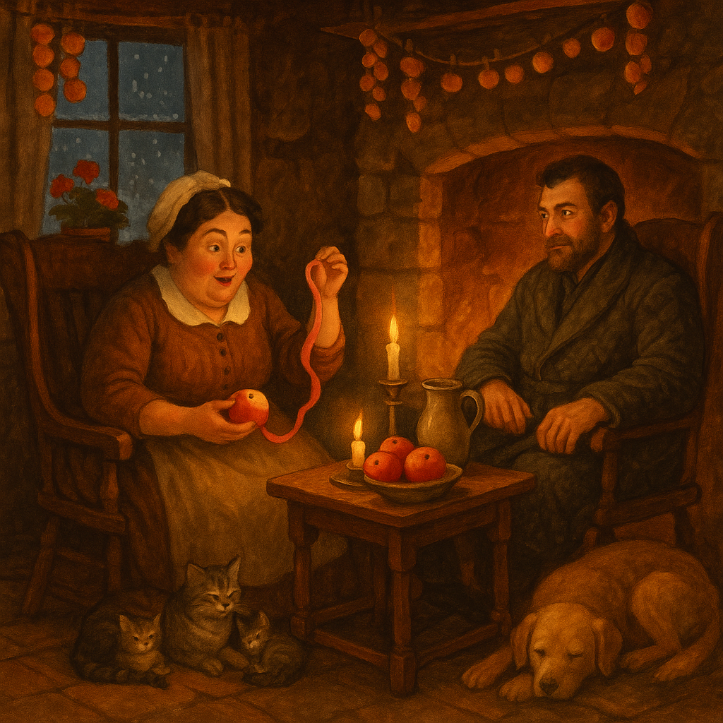A widow and a mysterious stranger share a cozy fireside evening in Widow Townsend's Visitor