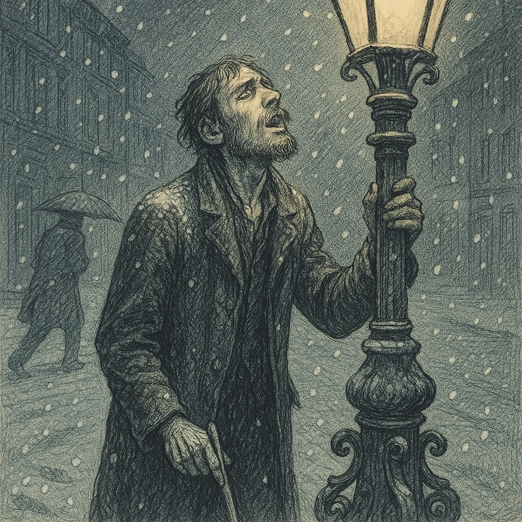A gaunt blind musician leans against a snow-covered lamp-post singing alone at night, a scene from A Bird in the Snow.