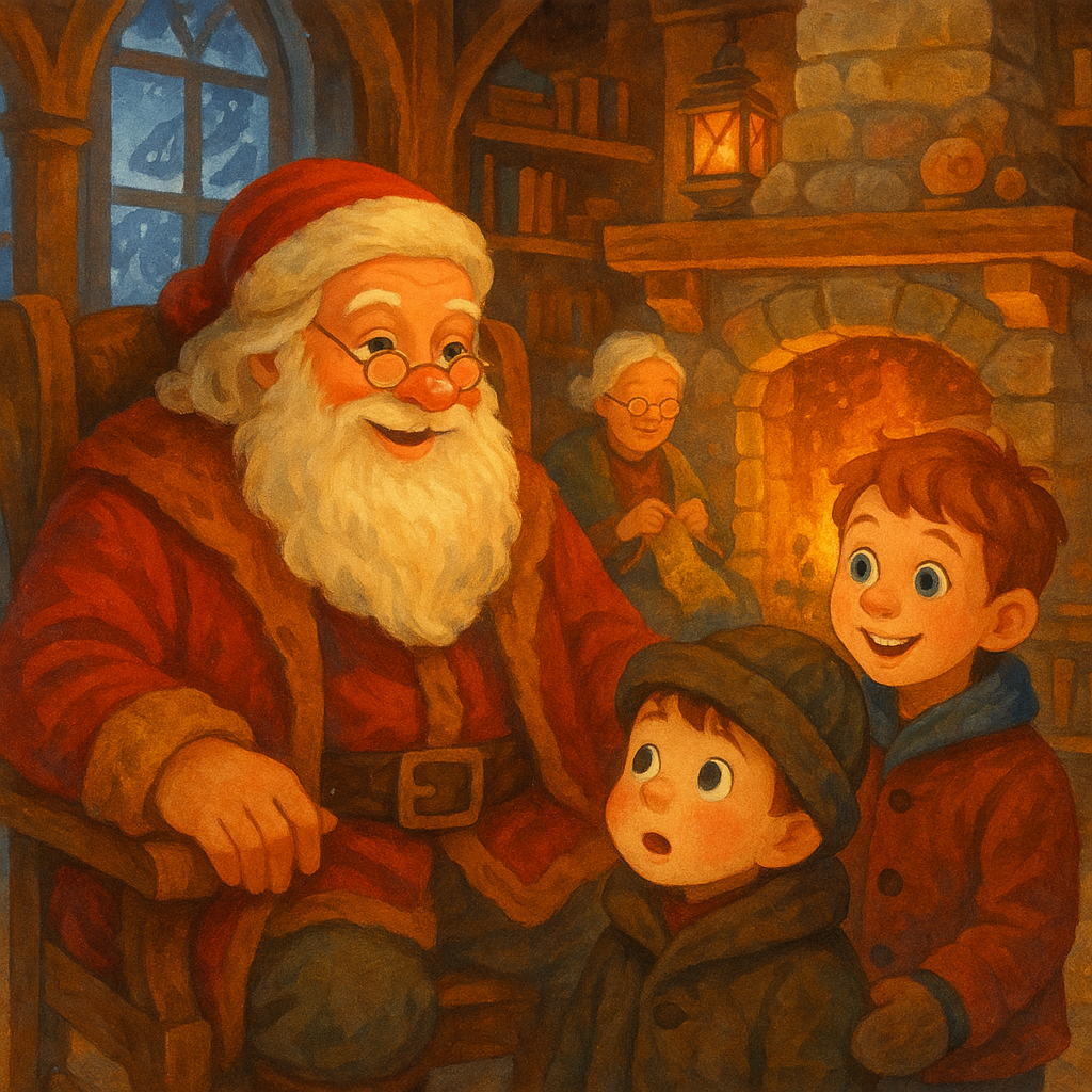 A boy meets Santa Claus by the fireplace in his snowy northern home, in A Boy's Visit to Santa Claus.