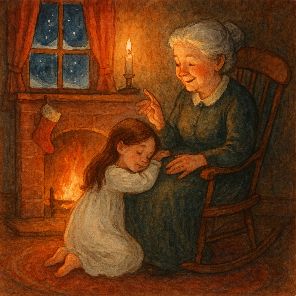 A young girl rests her head on her grandmother's knee by the fireplace — illustration for "A Child's Thoughts About Santa Claus"