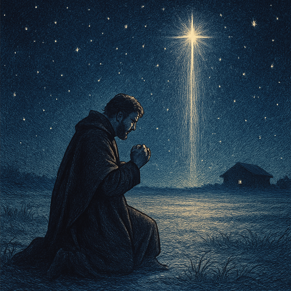 A kneeling man bathed in starlight in a snowy field, evoking A Christmas Antiphone by Swinburne.