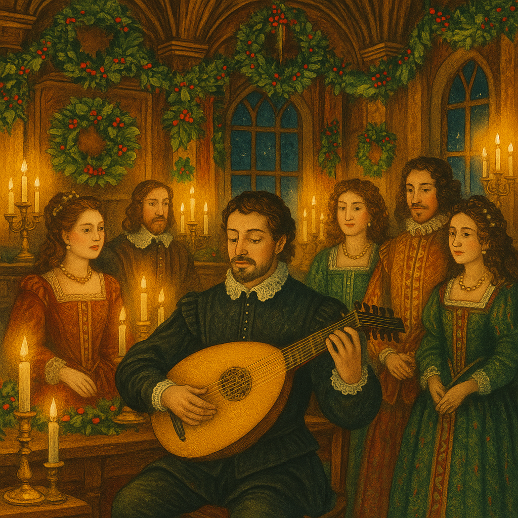 A 17th-century court musician plays lute by candlelight amid holly and ivy, illustrating A Christmas Carol by Robert Herrick.