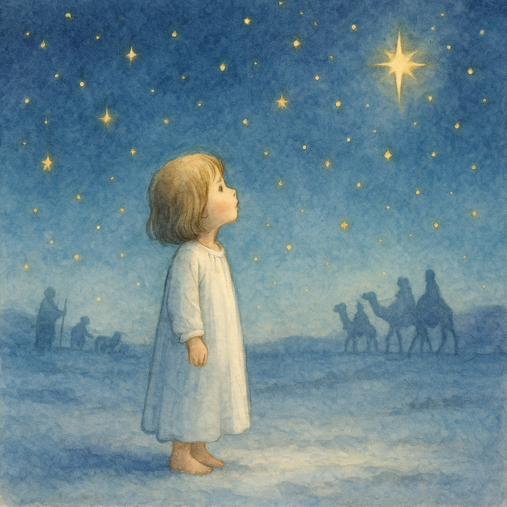 A young child gazes at a starlit winter sky in A Christmas Carol by Christina Rossetti