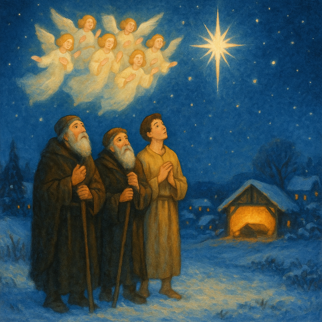 Shepherds gazing at the Christmas star with angels above in the poem A Christmas Chime