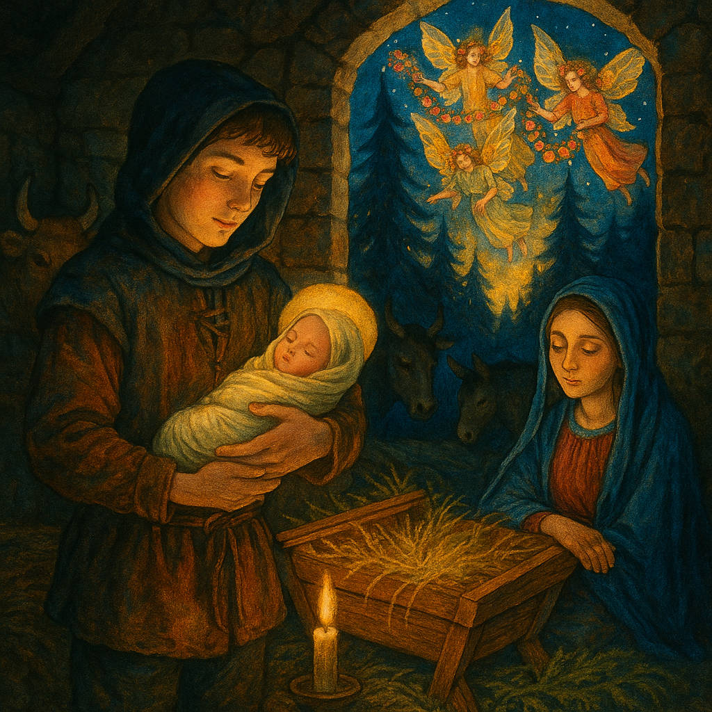 Hilarion holds the newborn child in the stable in A Christmas Legend by Vernon Lee, angels shining above the fir trees.