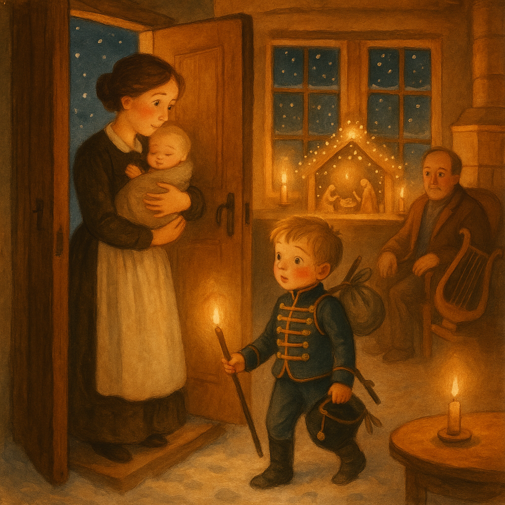A cold orphan boy arrives at a warm cottage door on Christmas Eve, in A Christmas Tale by Christoph von Schmid.