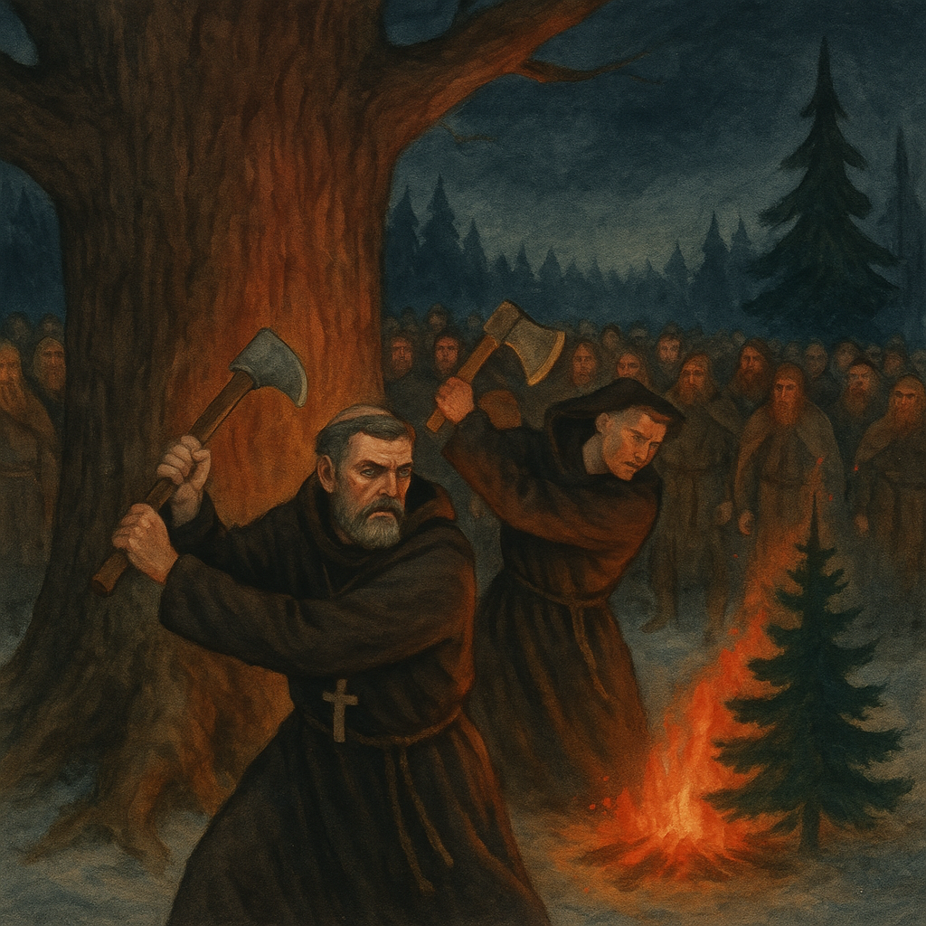 Saint Boniface swings an axe at the great thunder-oak in a winter forest, scene from A Legend of Saint Boniface.