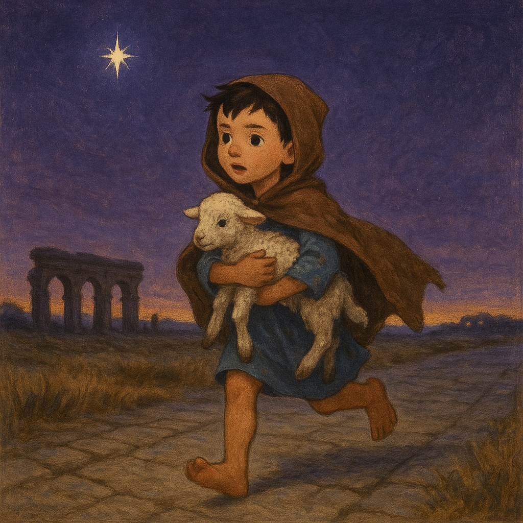 Bruno the little Roman shepherd boy carries a lost lamb along the Appian Way on Christmas Eve under a single bright star.