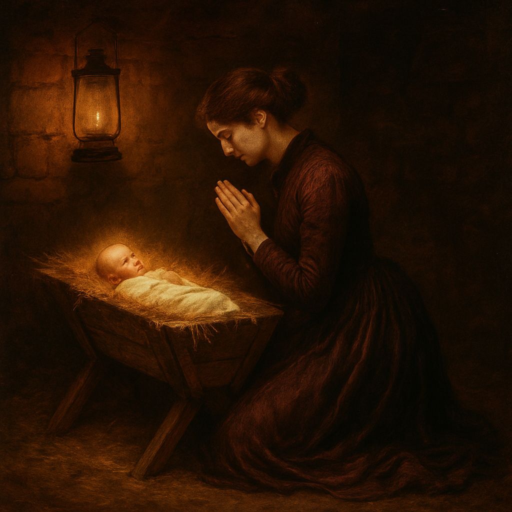 A woman kneels in reverent prayer before the infant Christ in a manger, illustrating A Meditation for Christmas Day.