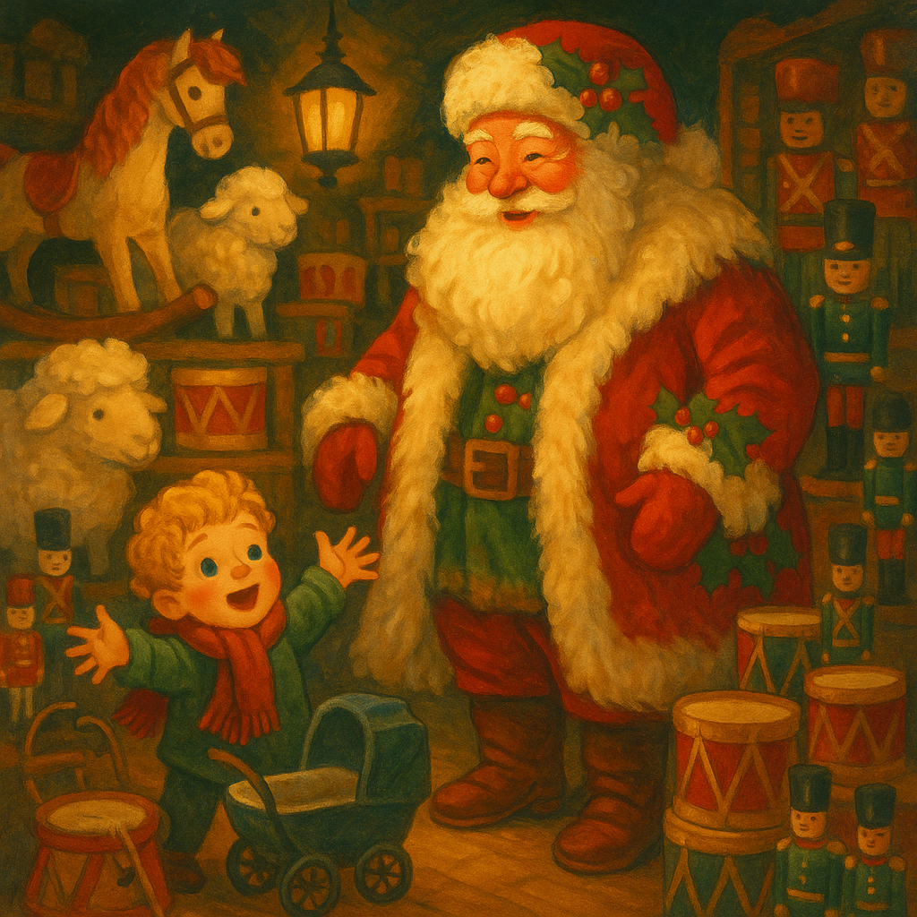Santa Claus discovers young Rob hiding among the toys in a Christmas Eve toy store, in A Night with Santa Claus.