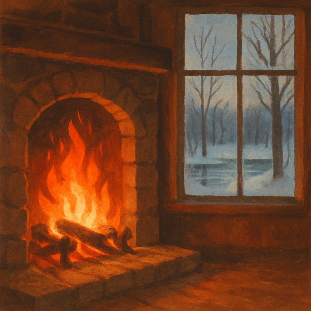 A crackling fireplace glowing warmly against a wintry outdoor scene in A Winter Song by William Cox Bennett.