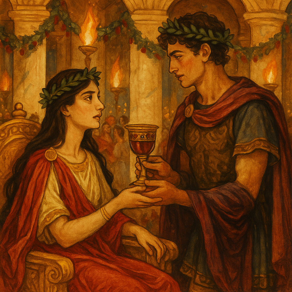 Adonis hands Adona a jeweled wine cup in a marble hall, in "Adonis and Adona — A Tale for Christmas"