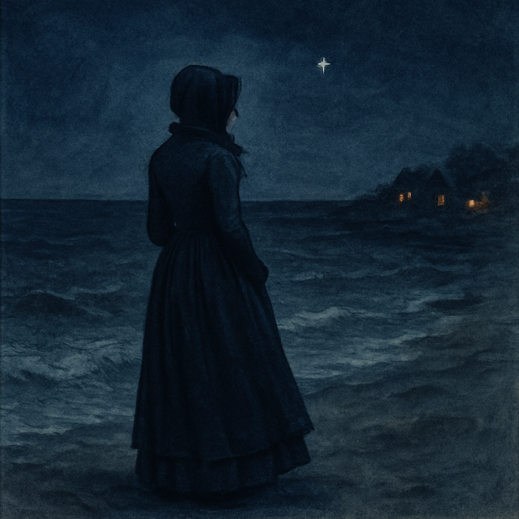A lone Victorian woman on a dark winter shore gazing at a single star — scene from "Alone — With One Fair Star"