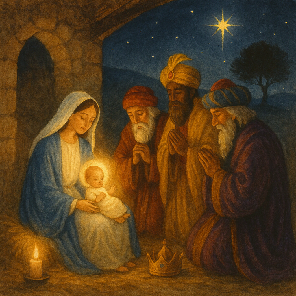 Wise men kneeling before Mary and the infant Jesus in a stable, an illustration for Bethlehem-Town by Eugene Field.