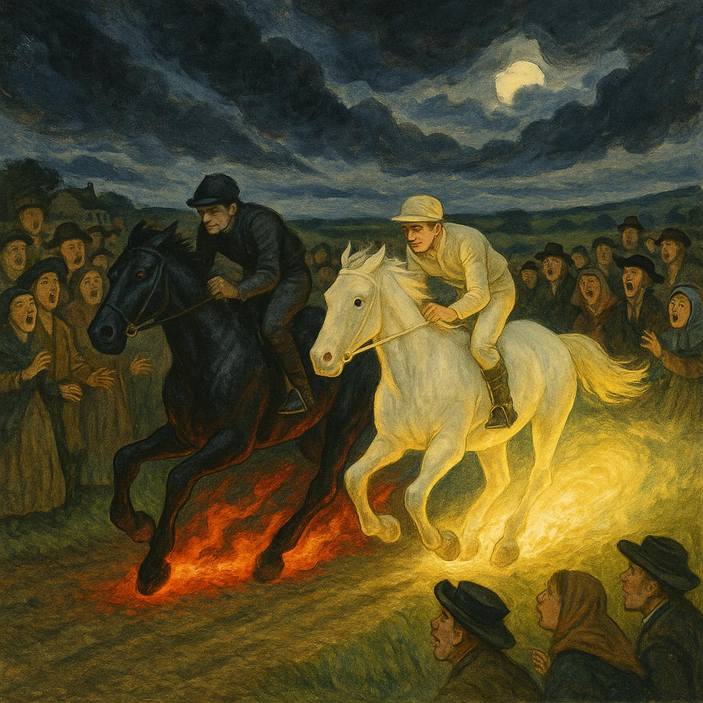 The black horse trailing fire races neck-and-neck with the glowing Padereen Mare in W. Carleton's legend.