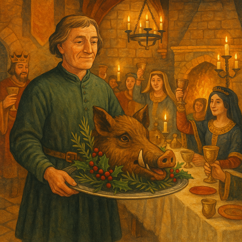 A medieval steward carries a decorated boar's head into a festive hall in Bryngynge in the Bore's Head.