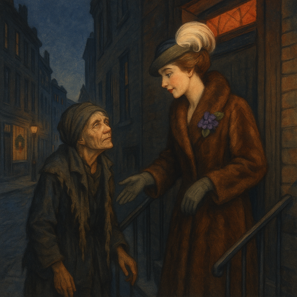 A shabby older woman and an elegant young woman in a white-plumed hat meet on a tenement stoop in But Once a Year.