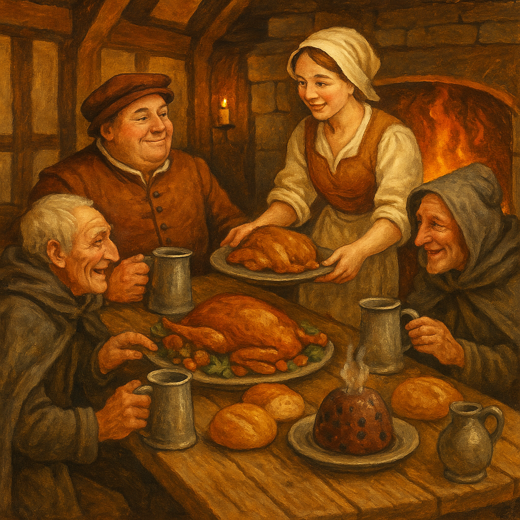 A festive Tudor feast scene illustrating "Carol: Christmas Cheer," with neighbours sharing food by firelight.