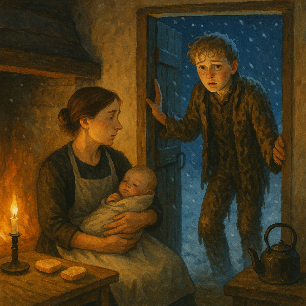 A poor cottage woman opens her door to a shivering, mud-encrusted youth in the snow — scene from Charity in a Cottage.