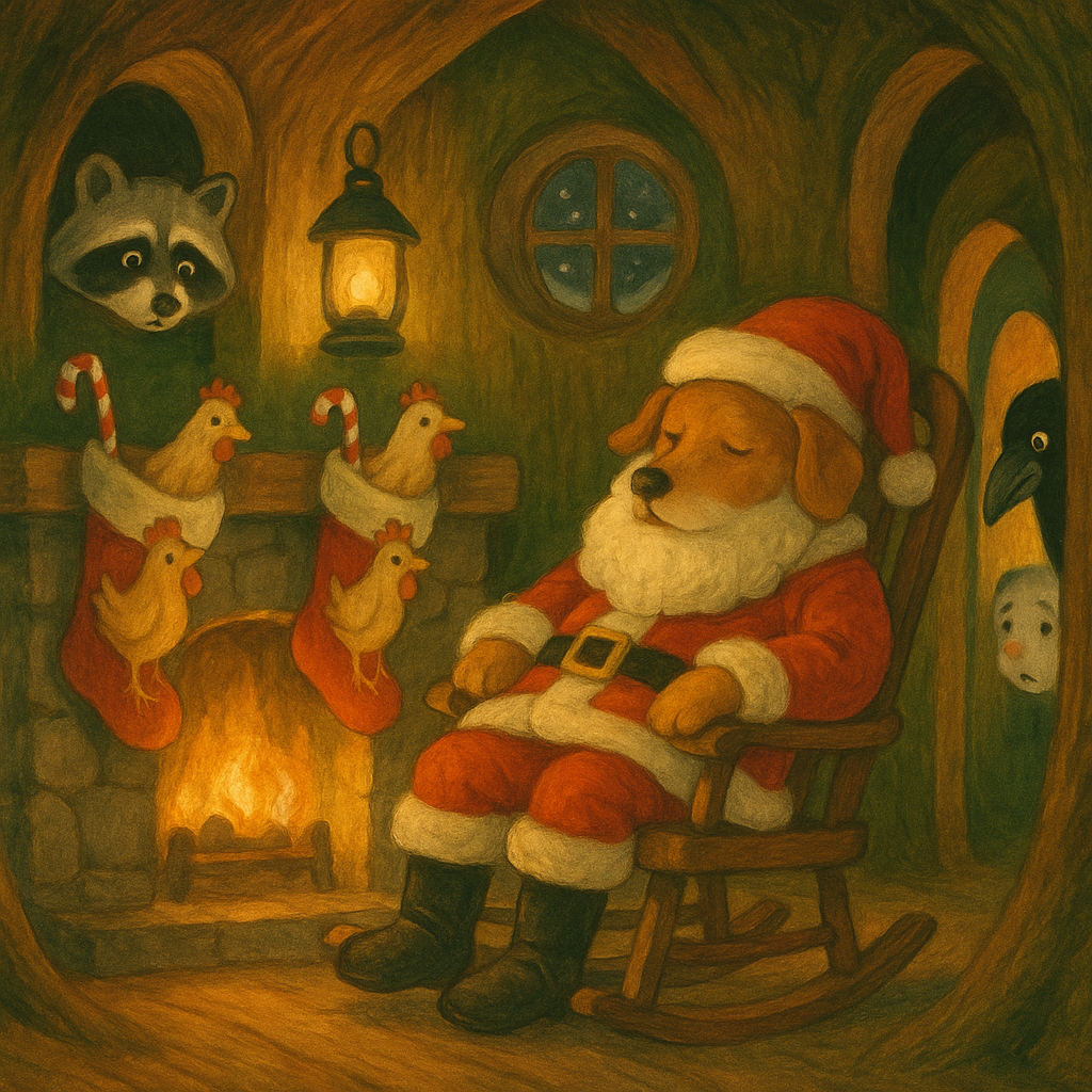 Mr. Dog asleep in a Santa Claus suit beside full stockings in Christmas at the Hollow Tree Inn