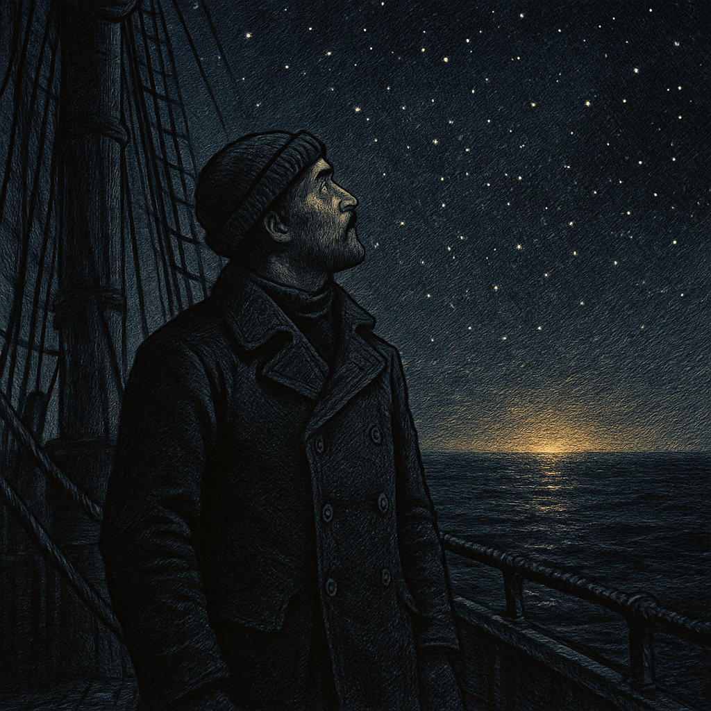 A Victorian sailor on a night-sea deck gazes at the stars in an illustration for Christmas Day — 1868.