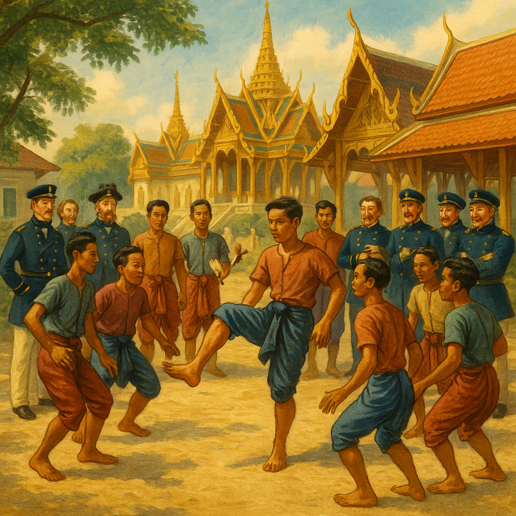 Siamese men playing shuttlecock with their feet in a royal courtyard, as European guests watch, from Christmas Day in Siam.
