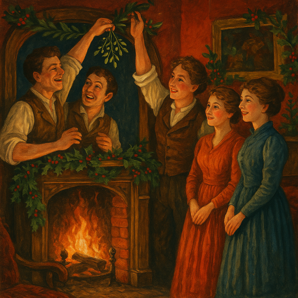 Two men holding up mistletoe over laughing women by a fireplace, illustrating Christmas Evergreens by Barry Cornwall.
