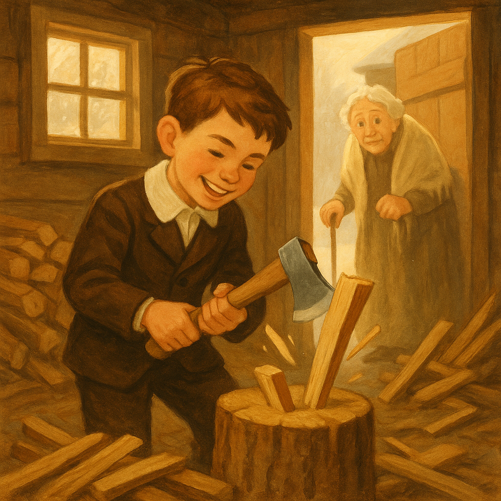 A boy cheerfully splitting kindling in a shed while an elderly woman watches, illustrating Christmas Gifts.
