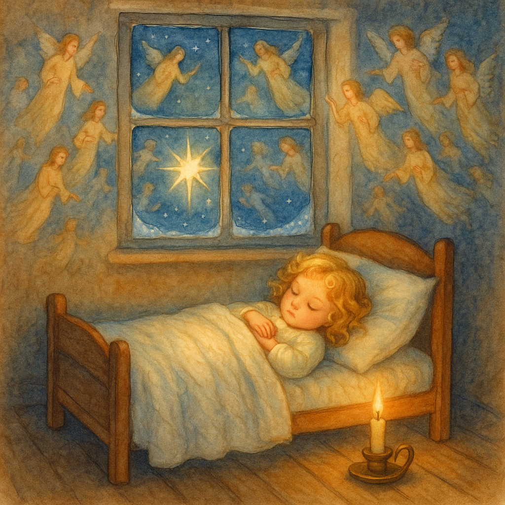A sleeping child bathed in starlight as angels appear in the night sky, illustrating Christmas Morning by Eugene Field.