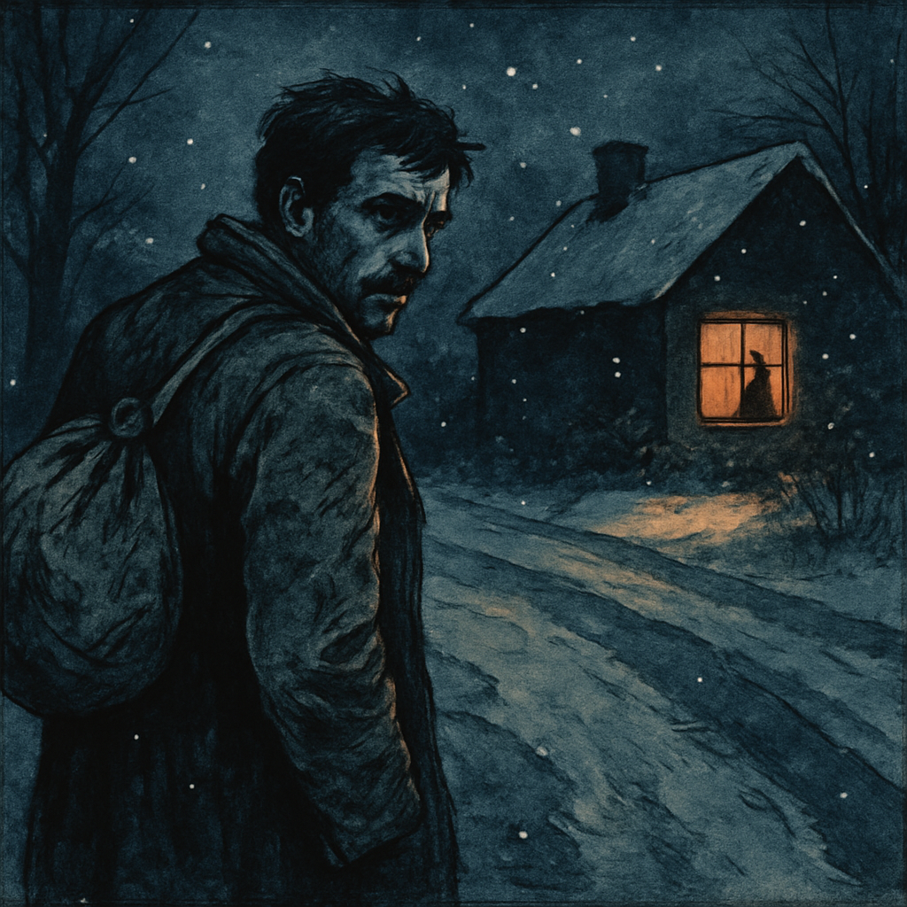 A lone wanderer pauses on a snowy road at night, gazing at a warm lit cottage window — Christmas on the Off-Trail