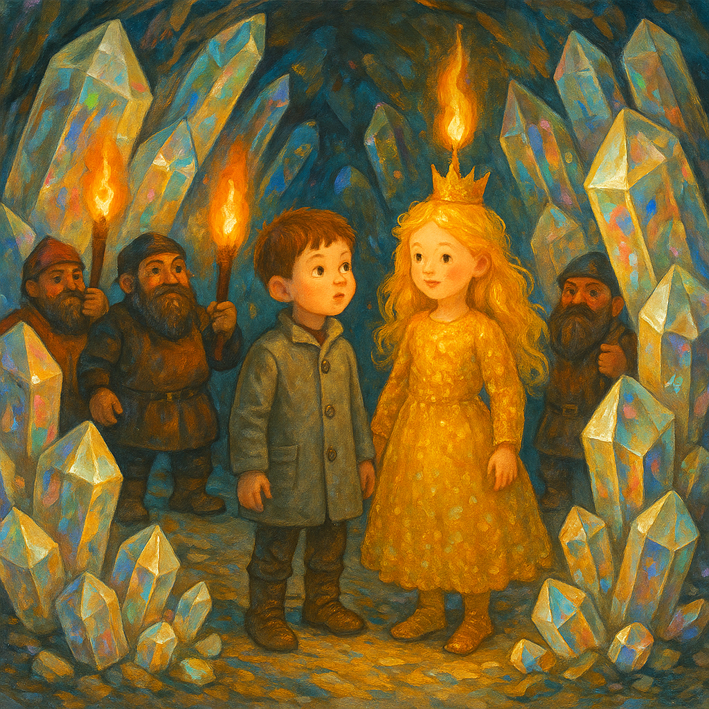 Werner and glowing Goldflame explore a crystal candy cave in Christmasland by Heinrich Seidel