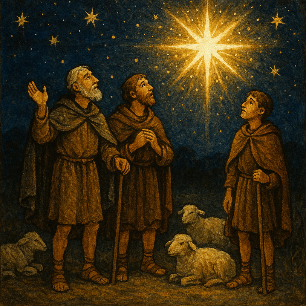 Three shepherds gaze in awe at a blazing night sky in the poem Chrystmasse Of Olde by Eugene Field.
