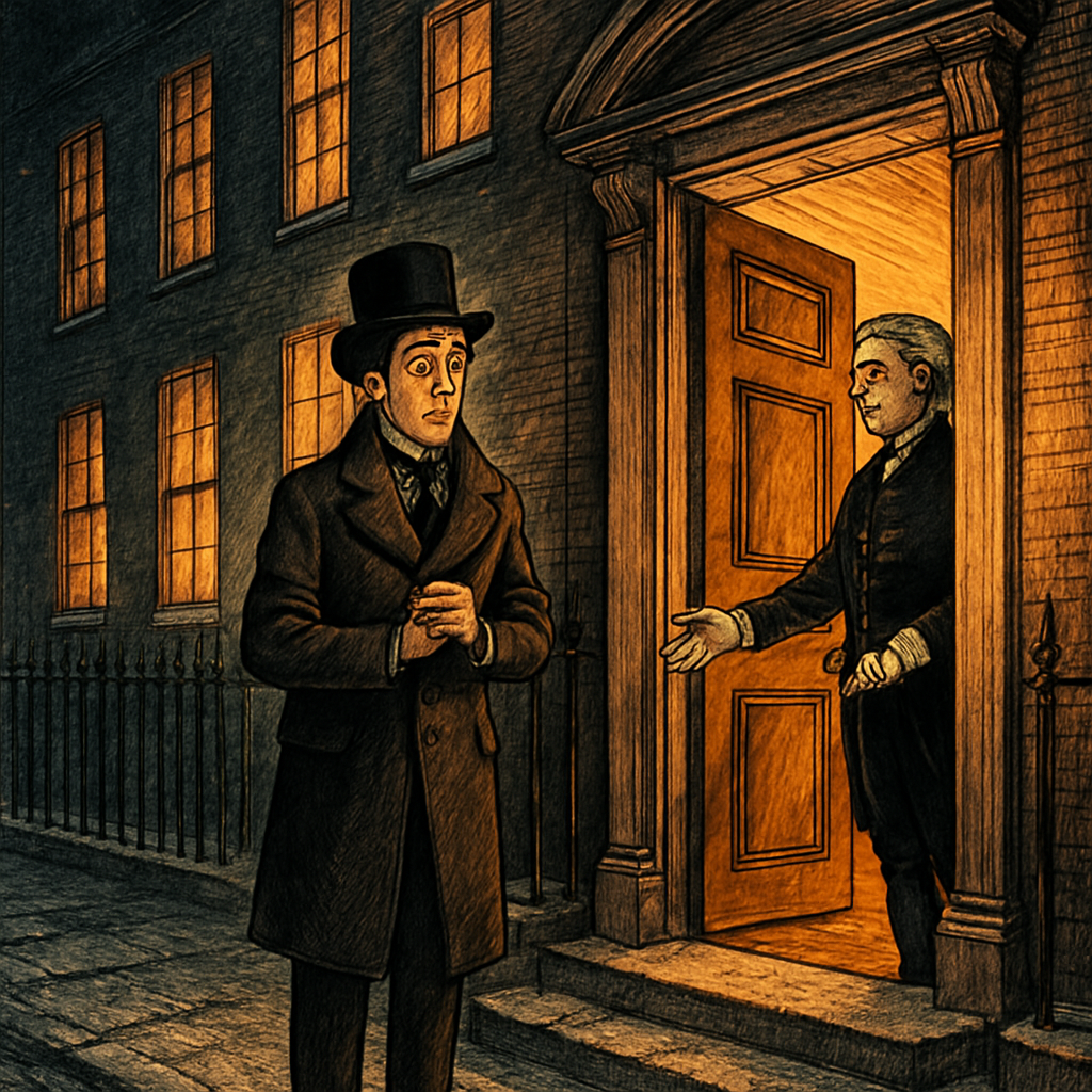 Tom Smithers arrives boldly at the Tipton's grand door on Christmas night, in "Cold Out of Doors, and Cold In-Doors"