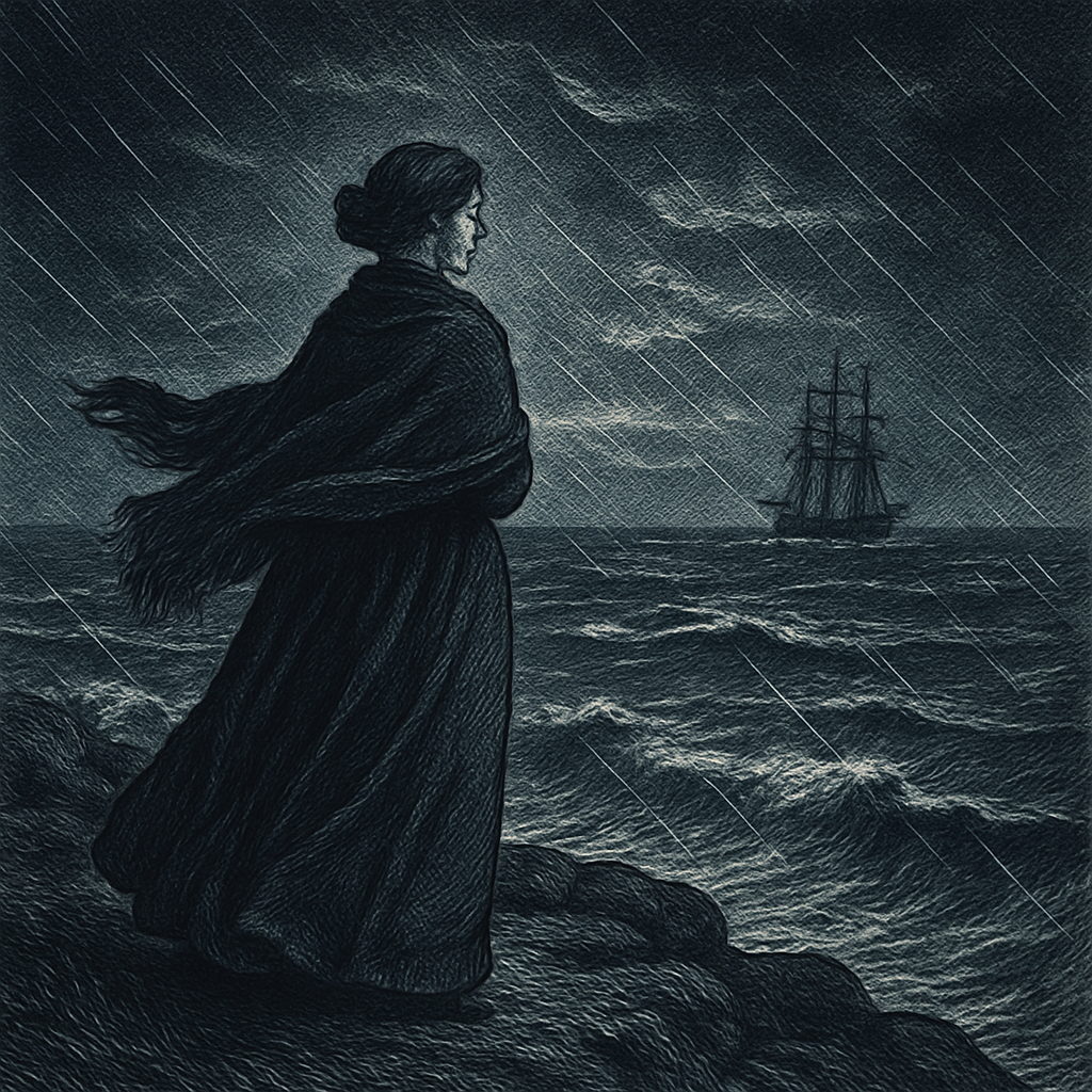 A woman on a stormy clifftop gazes toward a distant ship at sea, in Come Home, My Sailor by William Cox Bennett.