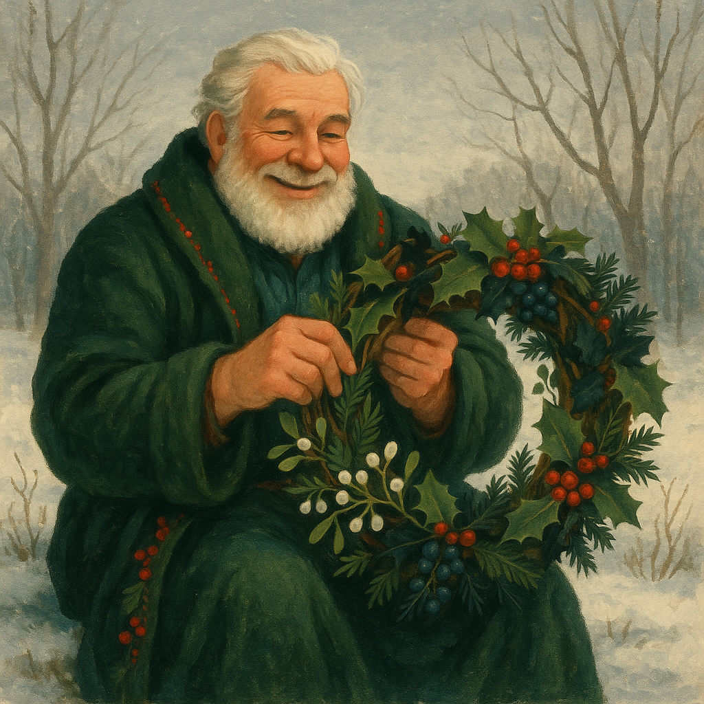 A personified December weaving a holly and mistletoe wreath in a snowy field, illustrating the poem by Christina Rossetti.