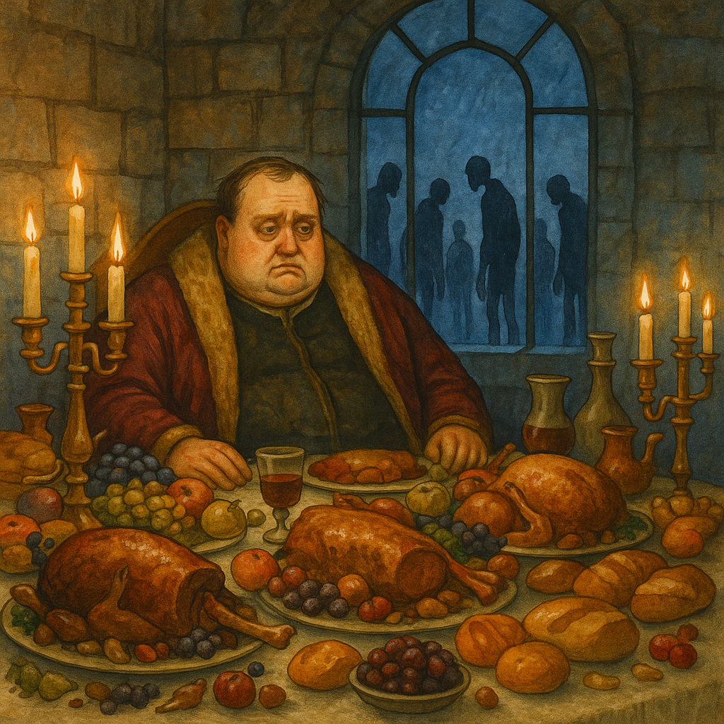 A joyless wealthy man sits alone before an untouched feast in "For the Proud-Hearted"