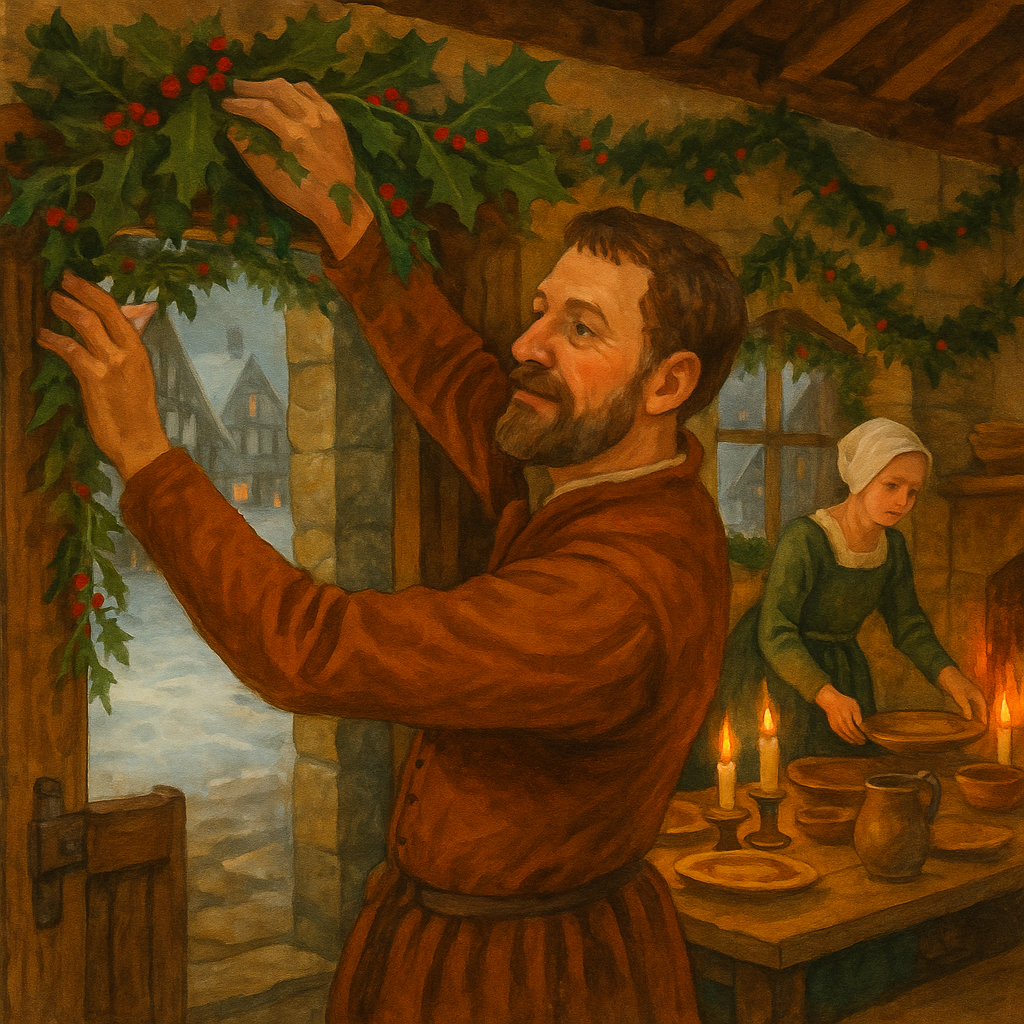 A Tudor man hangs ivy and holly above a festive doorway in "Get Ivy and Holly" by Thomas Tusser.