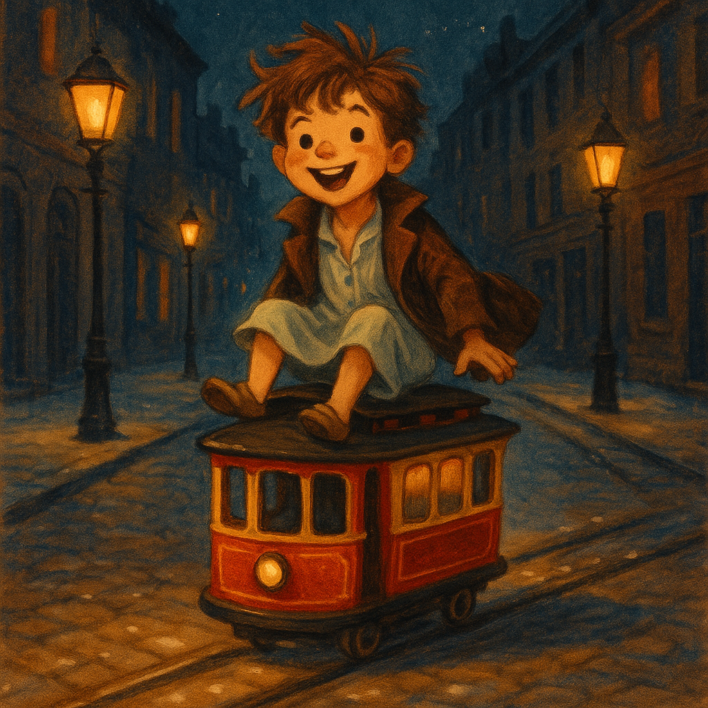 A small boy rides on top of a tiny toy trolley at night in "Going to Meet Christmas"