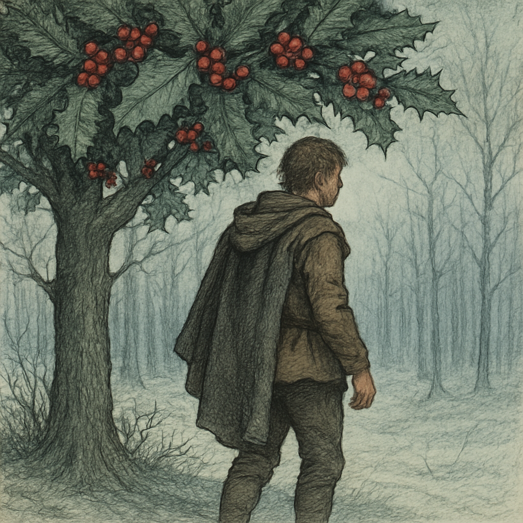 A lone figure in Renaissance dress stands beneath a green holly tree in a winter forest, illustrating Holly Song by Shakespeare.