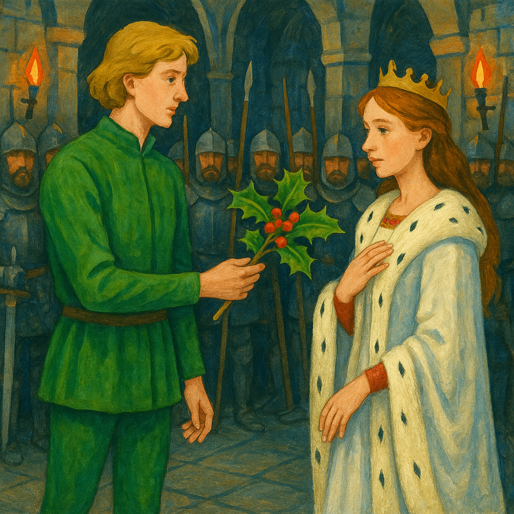 Prince Moldo presents a holly branch to the Youngest Princess in the great hall, a scene from "Holly"