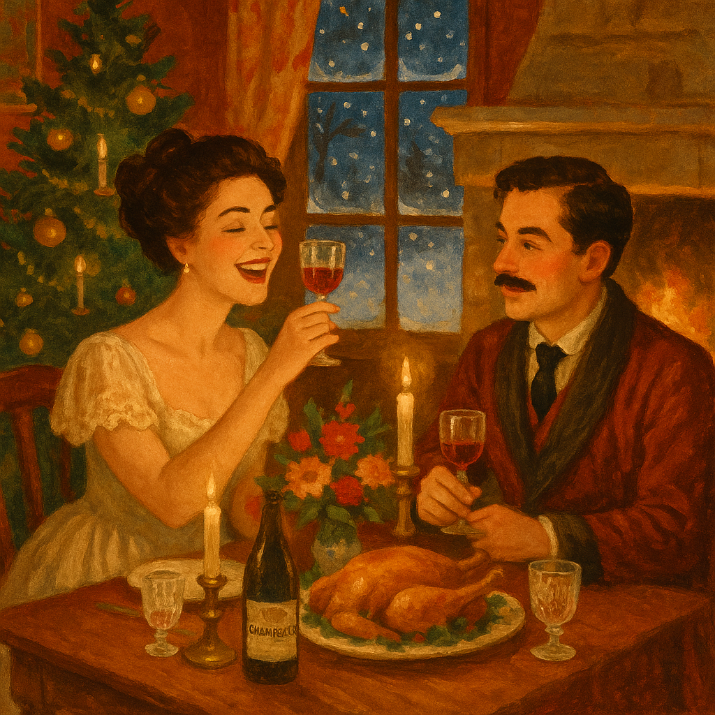 A husband and wife share a candlelit Christmas Eve supper by the fire, in I Take Supper With My Wife by Gustave Droz.