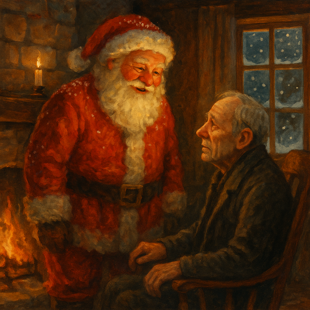 Santa Claus visits lonely old Joel Baker by the fireplace, a scene from Joel's Talk with Santa Claus