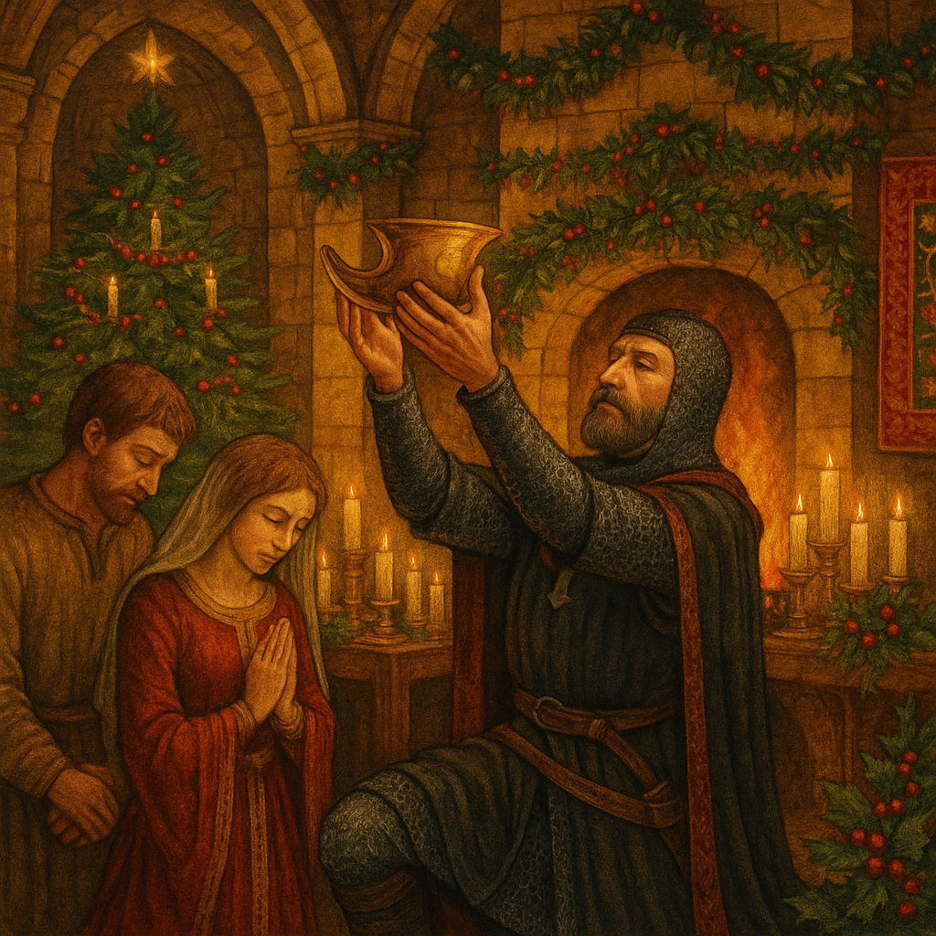 A knight kneels holding a ceremonial wassail bowl in a candlelit medieval hall, illustrating King Arthur's Waes-Hael.