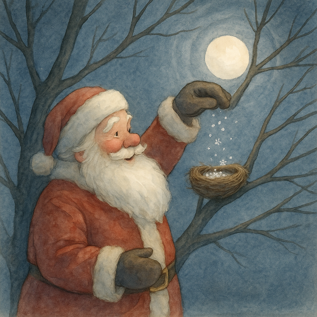Old Kriss Kringle drops snowflakes into an oriole's nest in a winter elm tree, illustrating the poem "Kriss Kringle."