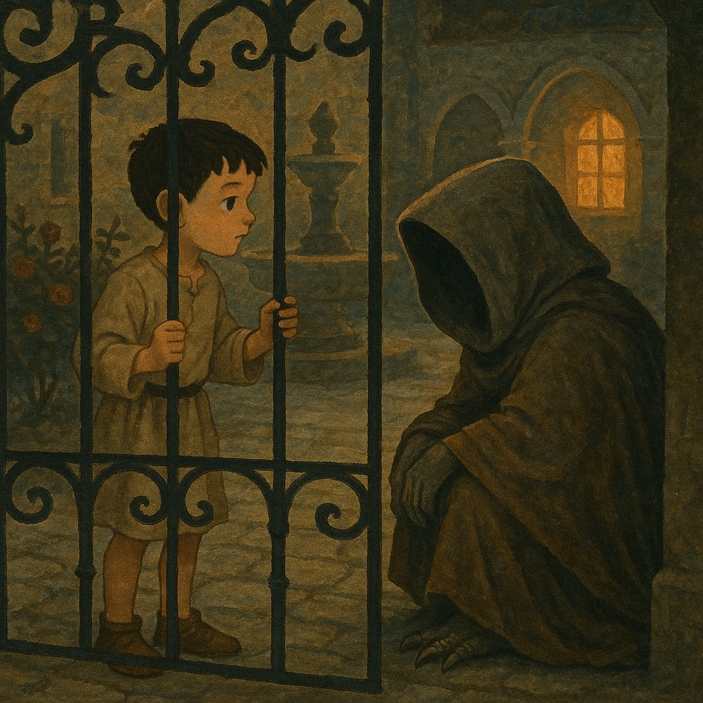 A young boy peers through iron gates at a hooded pilgrim figure — a scene from Legend of Saint Nicholas.