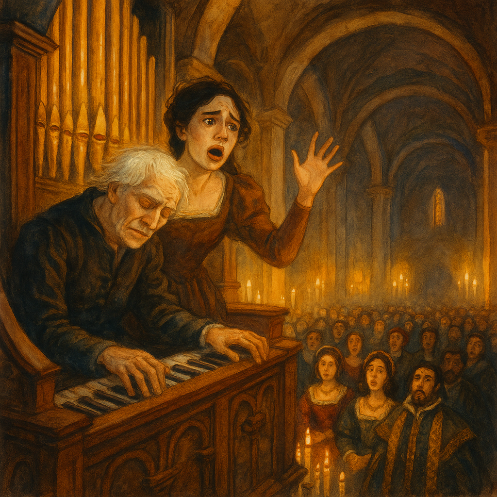 Den blinde organist Maese Pérez synker om ved orglet mens hans datter råber i nød – illustration fra legenden