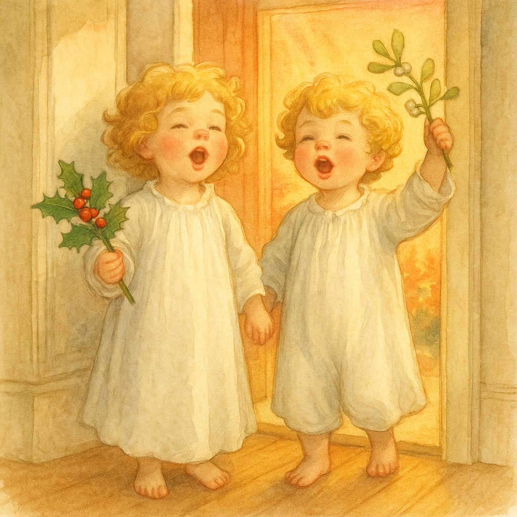 Two golden-haired children in white nightgowns hold holly and mistletoe in a sunrise doorway, illustrating Merry Christmas, Every One!